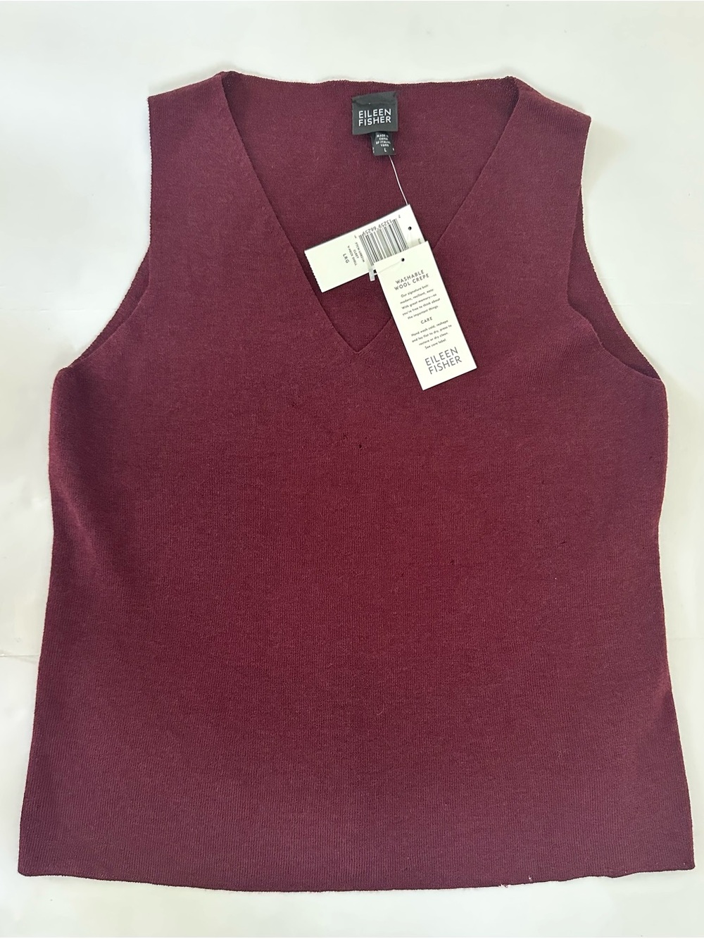 NWT Eileen Fisher 100% Wool Claret Sleeveless V-Neck Shell L Maroon Layering